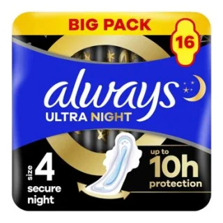 Toallas sanitarias Always Ultra Secure Night tamaño 4 con alas, 16 compresas, súper absorbentes y ultrafinas para la menstruación.