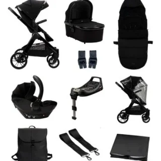 Cochecito Bababing Raffi 3 en 1, sistema de viaje, paquete de 11 piezas, negro brillante