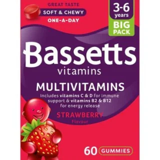 Multivitaminas Bassetts sabor fresa (3-6 años, 60 comprimidos)