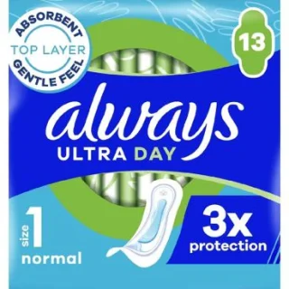 Toallas sanitarias Always Ultra Day tamaño normal 1,26, súper absorbentes y ultrafinas para la menstruación.