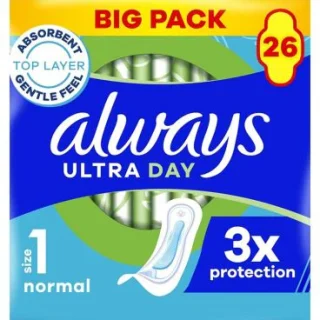 Toallas sanitarias Always Ultra Day tamaño normal 1,26, súper absorbentes y ultrafinas para la menstruación.