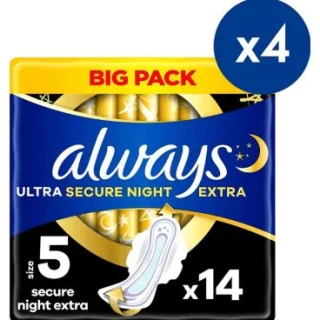 Toallas sanitarias Always Ultra Secure Night tamaño extra 5 alas x14 compresas x4 paquete