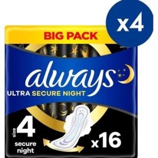Toallas sanitarias Always Ultra Secure Night tamaño 4 alas x16 compresas x4 paquete
