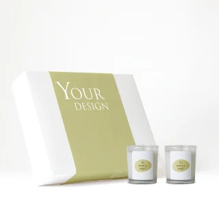 Caja regalo personalizado con fajín | 2 velas personalizadas | Vaso cristal transparente/negro + etiqueta logo/diseño