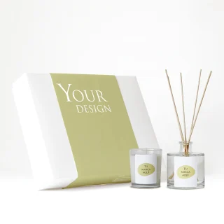 Caja regalo personalizado con fajín | Vela y mikado personalizados | Vaso cristal transparente/negro + etiqueta logo/diseño