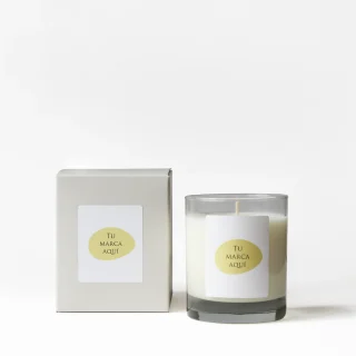 Vela personalizada | Tamaño L 280g |Vaso de cristal transparente con caja beige + etiqueta logo/diseño